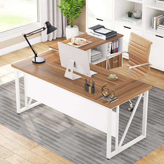 Tribesigns 63-Inch Executive Computer Desk with 47-Inch Lateral File Cabinet Large Workstation Business Furniture L Shaped Desk with Drawers and Storage Shelves for Home Office Walnut &amp White