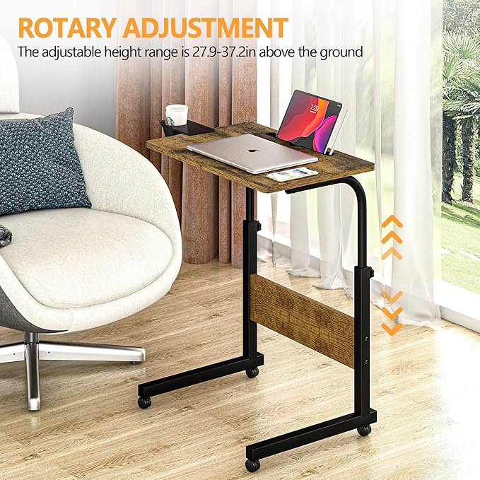 Klvied Standing Desk Adjustable Height Stand Up Desk with Cup Holder Portable and Easy to Move Bedside Table Ideal for Home or Office Walnut