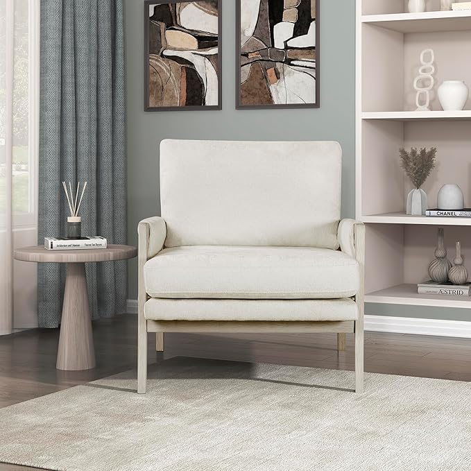 Lexicon Living Room Accent Chair with Wire-Brushed Light Brownish-Gray Wood Frame Chenille Upholstered Arm Chair with Wrapped Arm Rest Thick Seat Cushion Cream