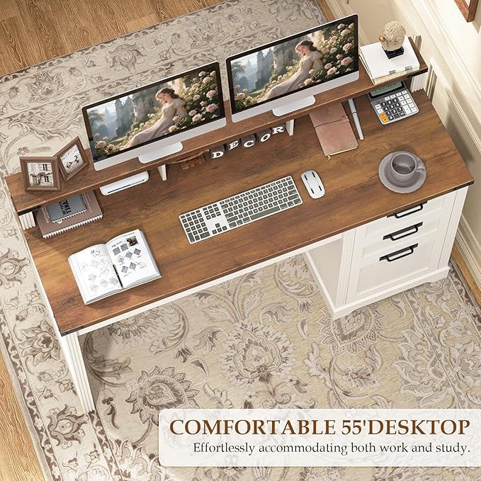 Vabches 55 Farmhouse Executive Desk with 3 Drawers Wooden Computer Desk with Keyboard Tray Home Office Desk with File Drawer (Fits A4 Size) for Work and Study White and Brown