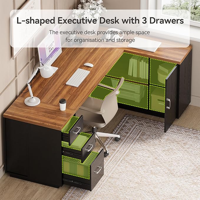 LITTLE TREE 87-Inch Modern Executive Desk with File Cabinet Large Home Office Desk with Drawers 3-Drawer Wooden File Cabinet Spacious Workstation for Home Office (Brown &amp Black)