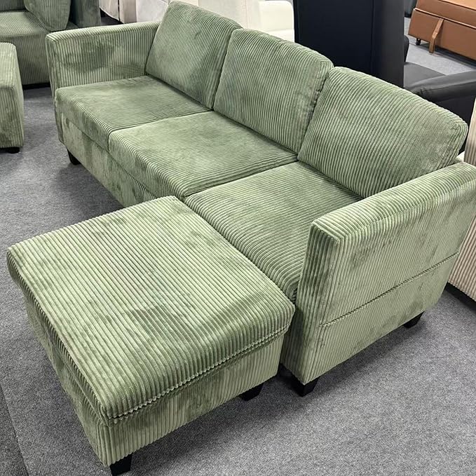 (New) 3 Seater Couch with Ottoman Green Couch with Removable Pillows Velvet Sofas with Side Pockets L Shaped Sofa for Living Room Apartment (Olive Green)