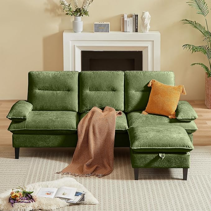 86'' Chenille Sofa with Storage Ottoman Modern Living Room Sofa with Removable Washable Cushion 3 Seater Comfy Couch for Apartment Bedroom Office (Green)