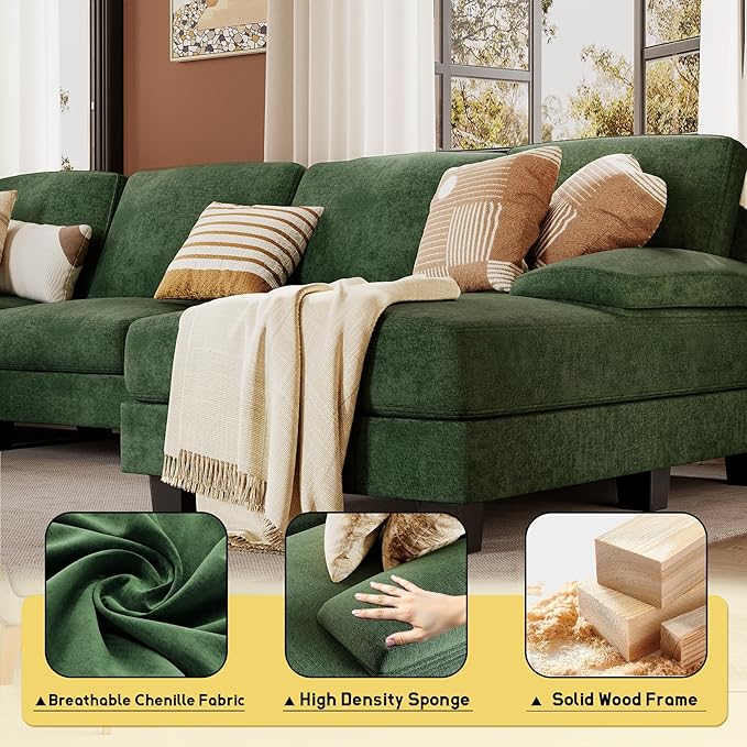 JUMMICO Sectional Couches for Living Room U Shaped Couch with Chenille Fabric 4 Seat Modern Sofa with Removable Pillows for Apartment and Small Space (Fabric Green)