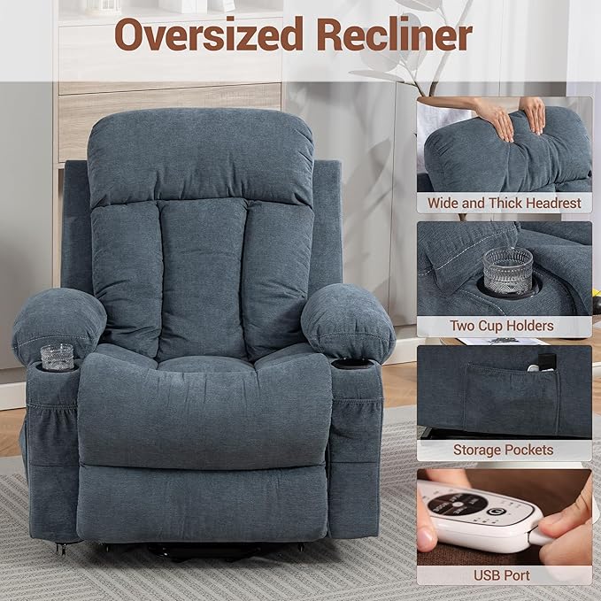 Power Lift Recliner Chair for Elderly People w/Vibration Massage and Lumbar Heat Lift Chair for Adult w/Cup Holder USB Charge Port for Living Room Bedroom Blue