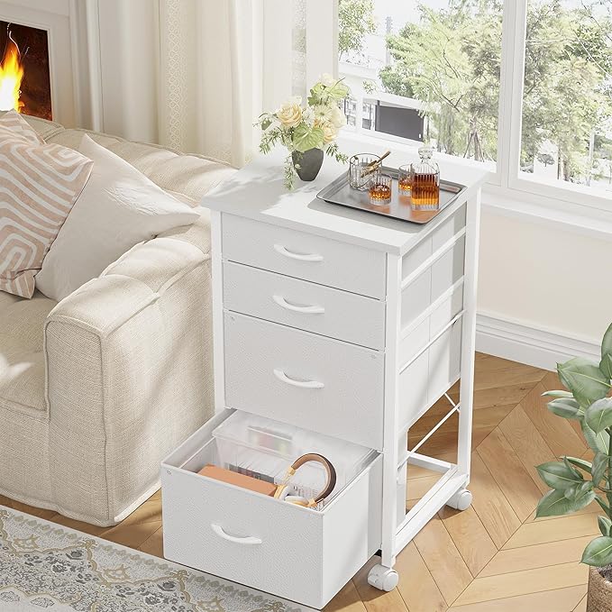 4 Drawers Mobile File Cabinet Vertical Filing Cabinet with Fabric Drawer Fits A4/Letter Size Printer Stand for Home OfficeWhite