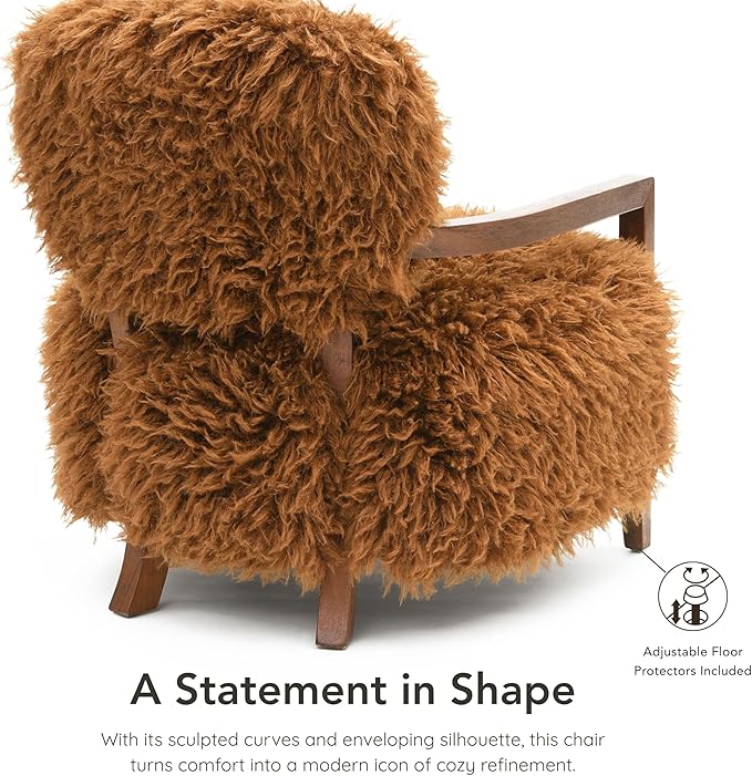 Furniture of America Ramos Modern Accent Chair with Ultra Soft Faux Fur Long-Haired Accent Sofa Tight Seat and Back Single Couch Fluffy Living Room Seating No Assembly Needed Camel Brown