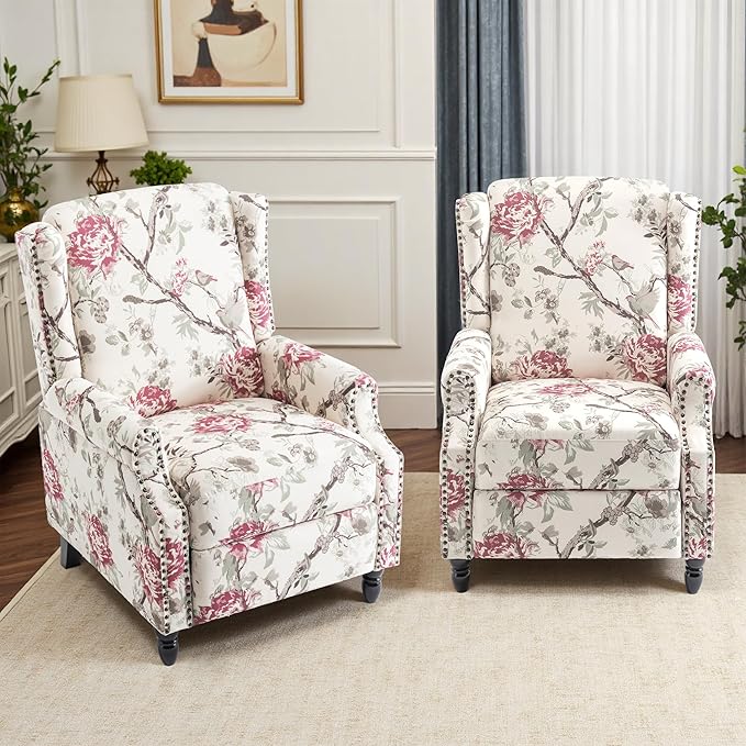Pushback Recliner Chair Floral Fabric Wingback Recliner Chair Upholstered Rivet Trim Armchair Push Back Recliner Accent Chair for Living Room Small Spaces Plants Floral