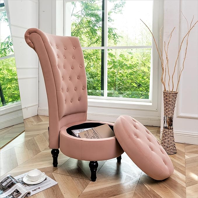 Royal High-Back Velvet Accent Chair for Vanity with Storage and Luxurious Upholstery Retro Design and Versatile Usage for Living Room Bedroom Lounge and Office Rose