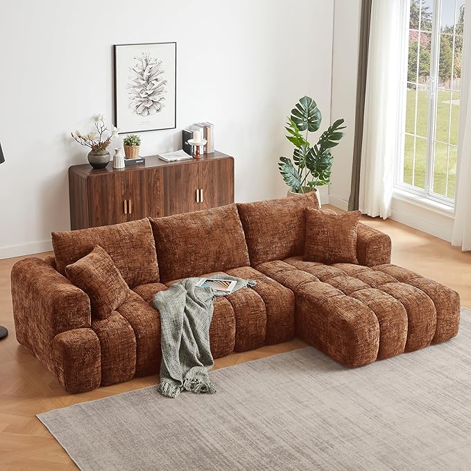 108.3'' Modern Cloud Couch Modular Sectional Sofa with L-Shape Chaise Luxury Chenille Upholstered Couche for Living Room Comfy Sofa with Pillows Deep Seat No Assembly (Orange Right Hand Facing)
