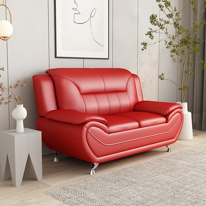Michael Modern Faux Leather Upholstered Stainless Steel Legs Living Room Loveseat Persian Red