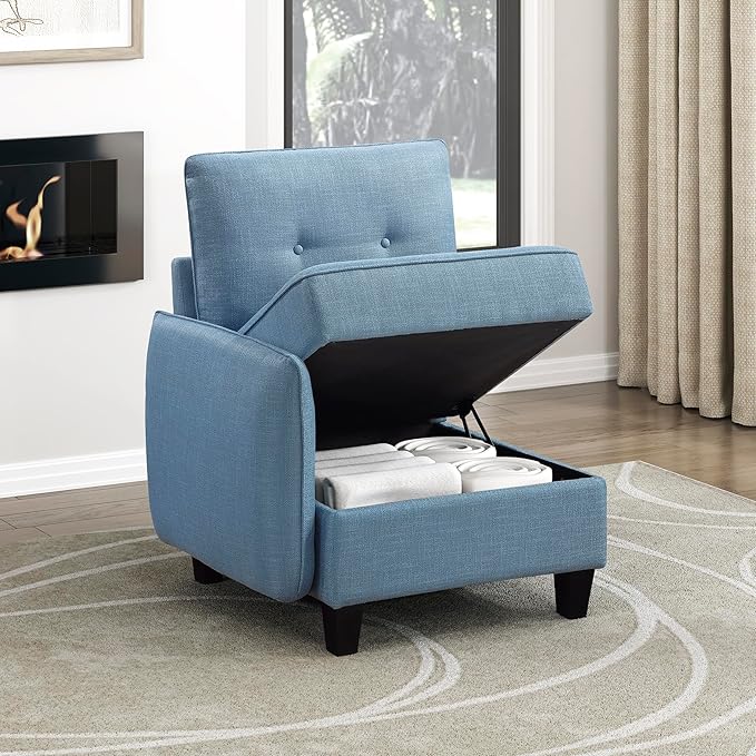 Lexicon Modern Modular One Arm Side Chair with Hidden Storage Textured Fabric Chair with Button-Tufted Design Reversible Back Cushion for Living Room/Bedroom/Office Blue