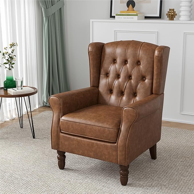 High Back Accent Chair Faux Leather High Wingback Chair for Living Room Button-Tufted Upholstered Armchair with Solid Wood Legs Comfy Single Sofa Reading Chair for Bedroom Brown