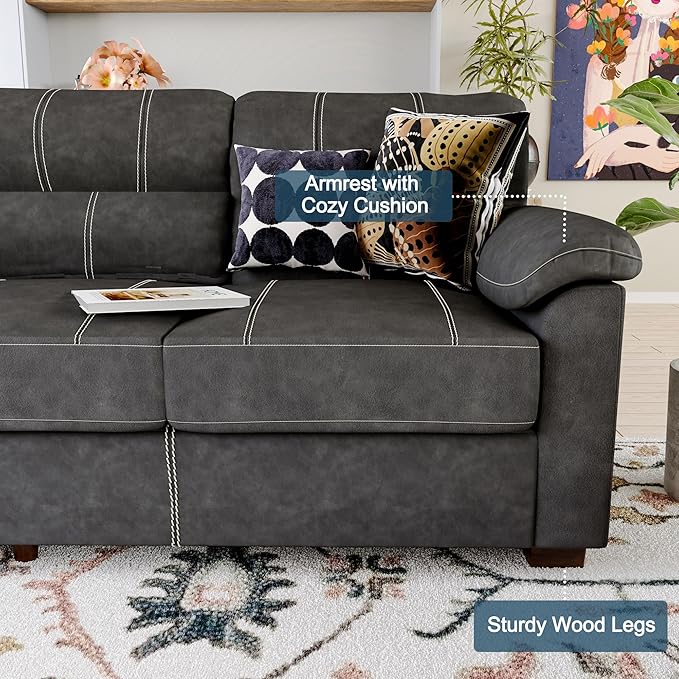 80 Inch Dark Grey Faux Leather Sofa Couch (2 Sets) - Wide Armrests with 2 Pillows Deep Seats Contrast Stitching 3 Seater Leather Couches for Living Room Bedroom Apartment