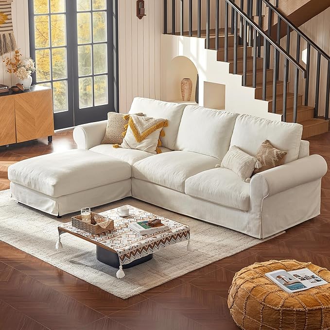 3 Seater Cloud Couch with Ottoman for Living RoomOversized 118 Farmhouse Comfy Slipcoverd Sofa with Rolled ArmsWashable Couches with Deep &amp Wide seatEasy AssmablyWhite