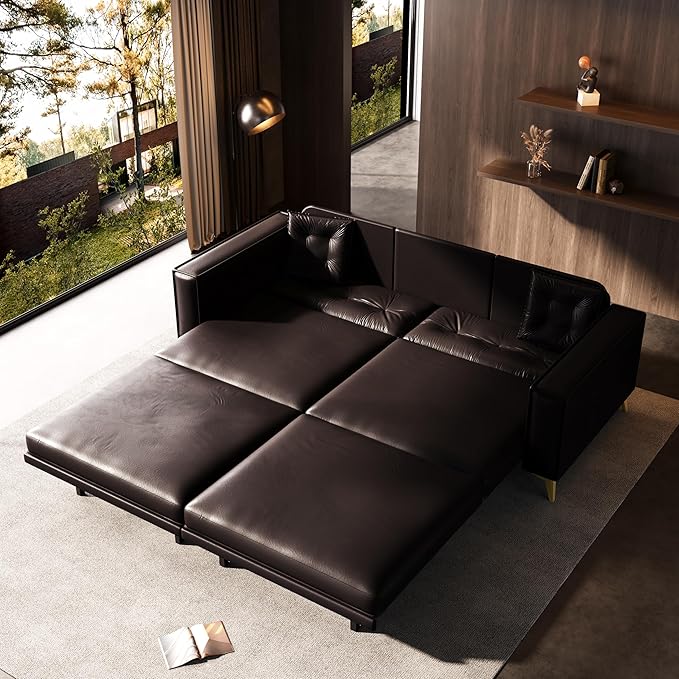 92.1 King Size 4-Seater Pull Out Sofa Bed 3 in 1 Faux Leather Convertible Sleeper Sofa with Ultra Wide Armrests Tufted Couch with 2 Pillows for Living Room Apartment Dark Brown