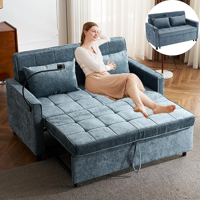 3 in 1 Convertible Sleeper Sofa Bed with Pull-out Bed 61 Chenille Chaise Lounge with 3-level Adjustable Backrest Tufted Loveseat with Phone Holder &amp 2 Soft Pillows for Living Room Apartment Bl