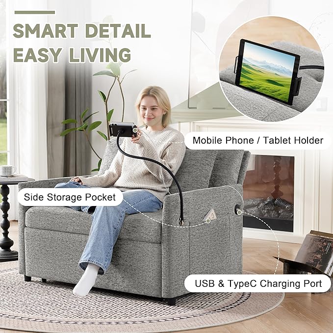 Sleeper Loveseat with USB and Type-C Ports 3 in 1 Convertible Sofa Bed with Phone Holder Pull Out Sofa Bed Loveseat Sleeper Sofa for Living Room Adjustable Backrest Side Pockets Light Grey
