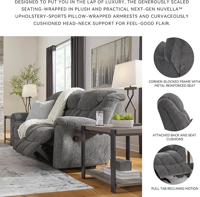 Signature Design by Ashley Foreside Contemporary Stain Resistant Manual Reclining Sofa Gray