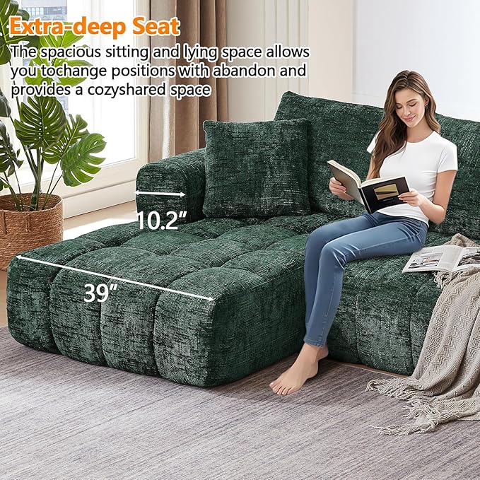 Luxury 108 Sofa with Oversized Chaise L-Shaped Chenille Modular Cloud Couch with Deep Seat &amp 2 Pillows Orange Boneless Couches for Living Room Apartments Homes (Green Left Facing Chaise)