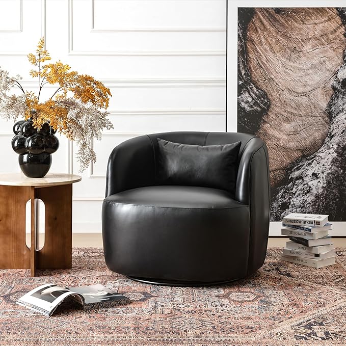 KINWELL 33'' W Top Grain Genuine Leather Swivel Barrel Armchair No Assembly Round Upholstered Leather Swivel Accent Chairs with Toss Pillow for Living Room Office Lounge (Black Genuine Leather)