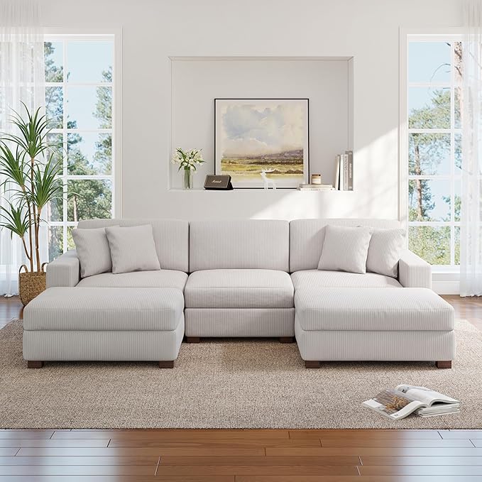 117.8 U Shaped Modular Sectional Sofa with Ottoman Comfy Corduroy Fluffy Couch with Deep Seat Flexible Module Combination for Living Room and Office Beige