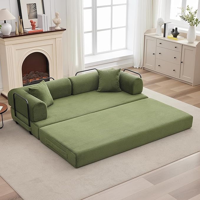 GarveeHome 79 Convertible Sleeper Sofa Bed Couch 4-in-1 Boneless Corduroy Folding Sofa Bed with Pillow &amp Fixed-Shape Floor Mattress Couch Loveseat for Living Room Apartments - No Assembly Gree