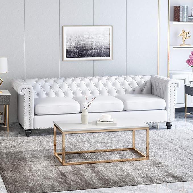 GDF Studio Tufted Chesterfield Faux Leather 3 Seater Sofa White and Dark Brown