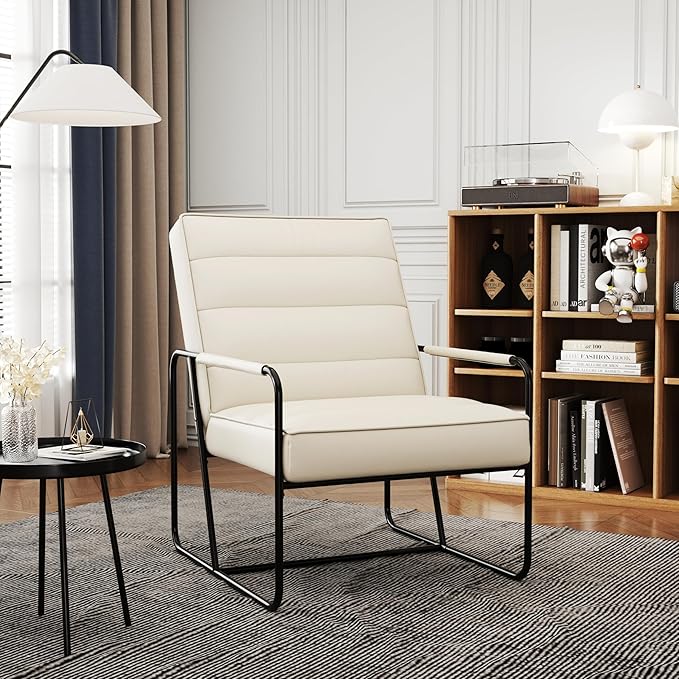 Modern Metal ed Armchair with Beige Technical Leather Stylish Comfortable Indoor Lounge Accent Chair for Living Room OfficeBedroom