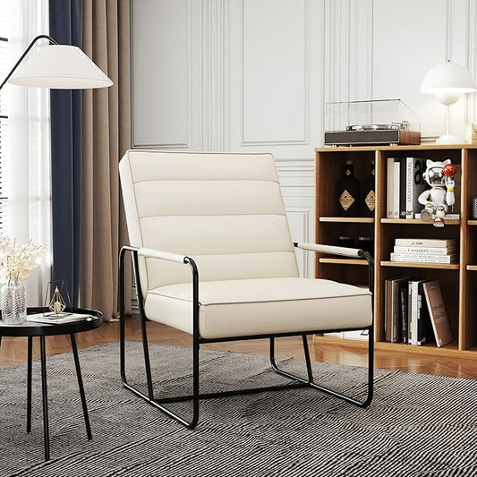 Modern Metal ed Armchair with Beige Technical Leather Stylish Comfortable Indoor Lounge Accent Chair for Living Room OfficeBedroom