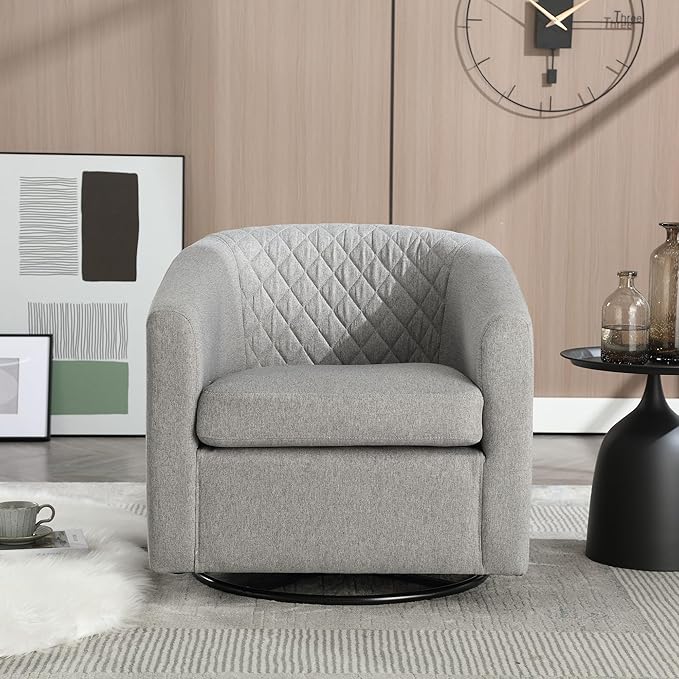 Swivel Gilder Chair Modern Round Armchair 360° Swivel Linen Barrel Chair Club Chair for Living Room Bedroom Office (Grey)