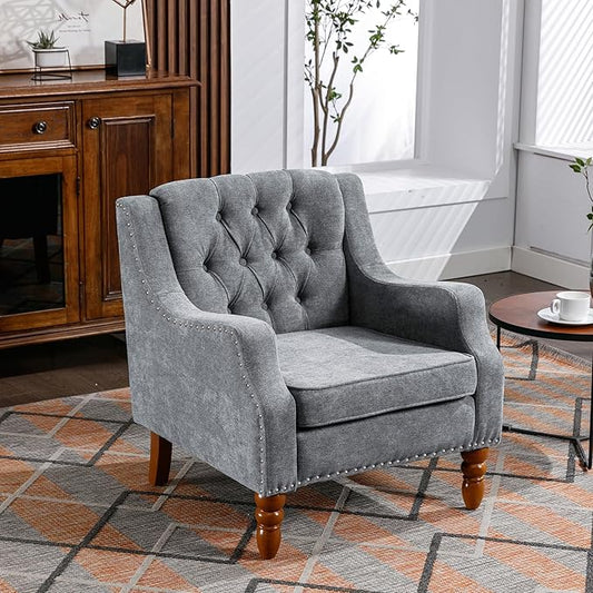 Grey Accent Chair Living Room Chair Footrest Chair Set with Vintage Brass Studs Button Tufted Upholstered Armchair for Living Room Comfy Reading Chair for Bedroom Reception Room