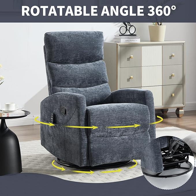 Manual Swivel Rocker Recliner Chair for Adults Overstuffed Reclining Glider Chair for Nursing with Vibration Massage &amp Heat Living Room Rocking Recliner 3-Stage backrest Chenille Fabric Blue