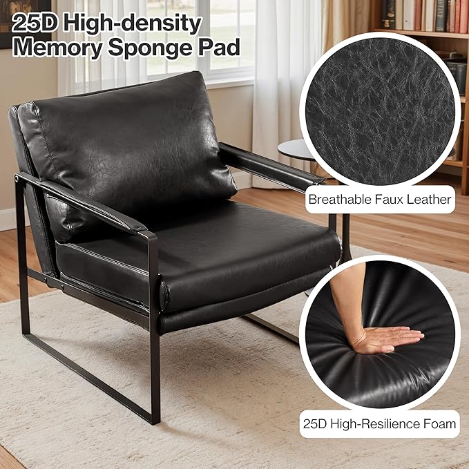 Art Leon Mid Century Modern Accent Chair Faux Leather Armchair with Black Metal Legs Single Lounge Side Chair for Living Room Bedroom Small Spaces Black