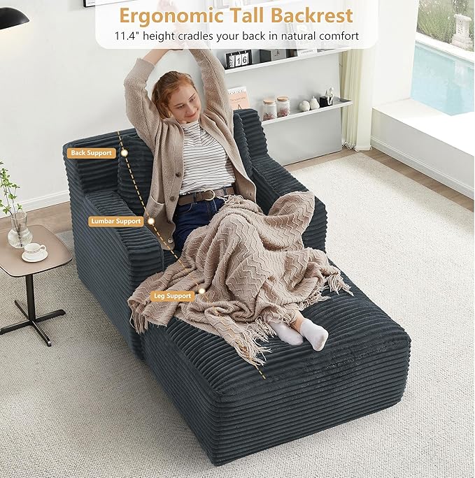 Oversized Chaise Lounge Chair Indoor Modern Corduroy Lounge Couch Comfy Upholstered Sleeper Sofa with Throw Pillows Fluffy Reading Chair Bed for Living Room Drak Gray