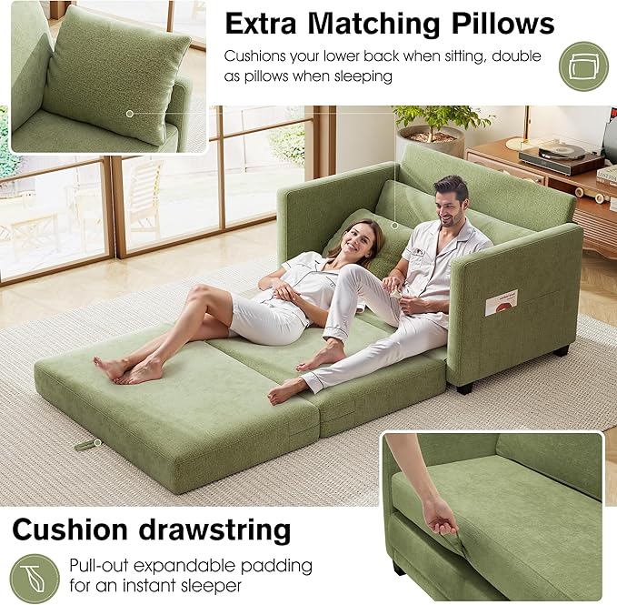 51 Loveseat Sleeper Sofa Bed Chenille Convertible Floor Sofa Bed for Small Spaces Folding Couch Bed with Deep Seat 2 Pillows &amp Solid Frame Pull Out Floor Couch for Living Room Green