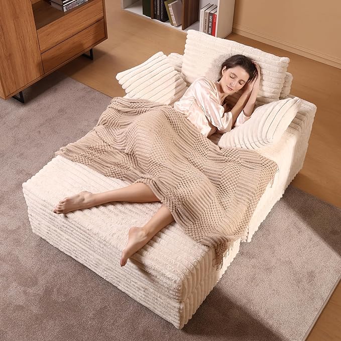 Garvee Oversized Chaise Lounge Chair Indoor with Storage Ottoman Upholstered Corduroy Sofa Bed Cloud Couch with 3 Pillows Single Sleeper Sofa Chair for Living Room Bedroom