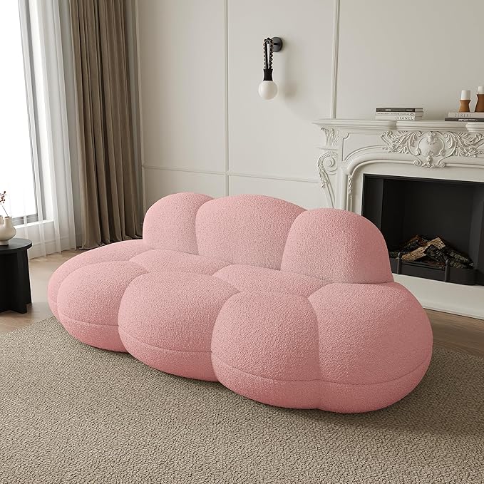 Modern Curved Sofa 3 Seater Soft Sherpa Upholstered Sofa Minimalist Style Comfy Cloud Couch for Living Room Apartment Pink