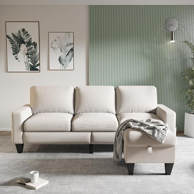 Convertible Sectional Sofa L-Shaped Couch Beige Couches for Living Room with Reversible Chaise 3-Seat Modern Linen Sectional Couches for Living Room/Apartment/Office/Small Space