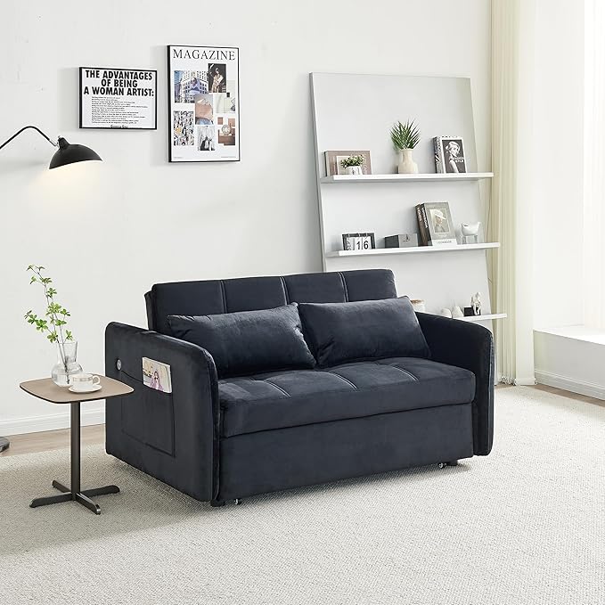 55.5 Velvet Convertible Sofa Bed Pull Out Sleeper Sofa Bed Loveseat Couch with USB Charging Ports 3 in 1 Convertible Sleeper Sofa Bed for Living Room Apartment Bedroom RV Black