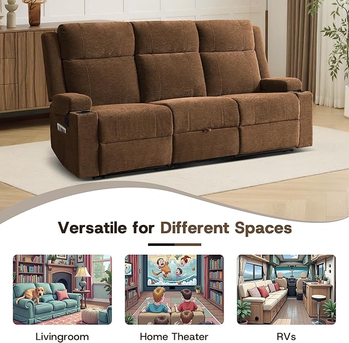 3-Seater Manual Reclining Sofa with Cup Holders Large Chenille Fabric Recliner Couch with Wide Seats Spill-Resistant &amp Easy Assembly Double Side Reclining Chairs for Living Room RV
