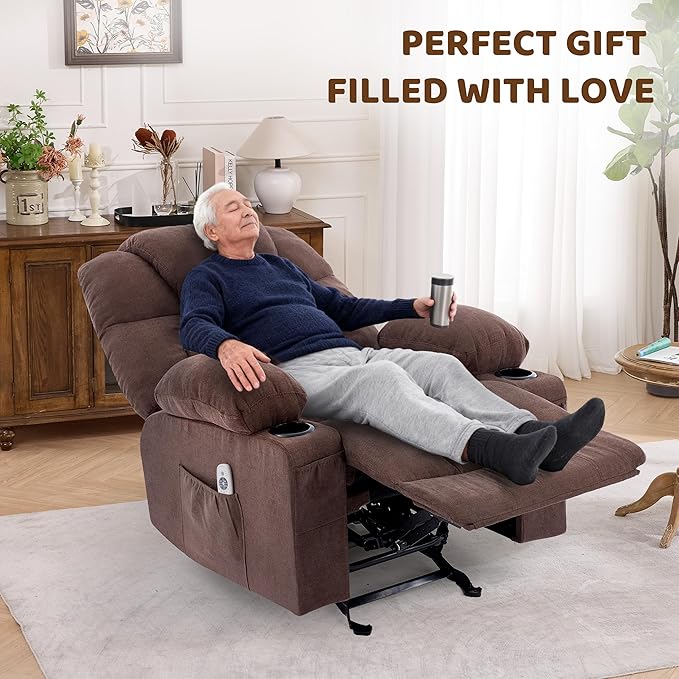 Massage Rocker Recliner Chair Ergonomic Rocking Recliner Sofa with Vibration Massage &amp Heat Reclining Fabric Nursery Chair for Living Room Lounge with 4 Pockets 2 Cup Holders Brown