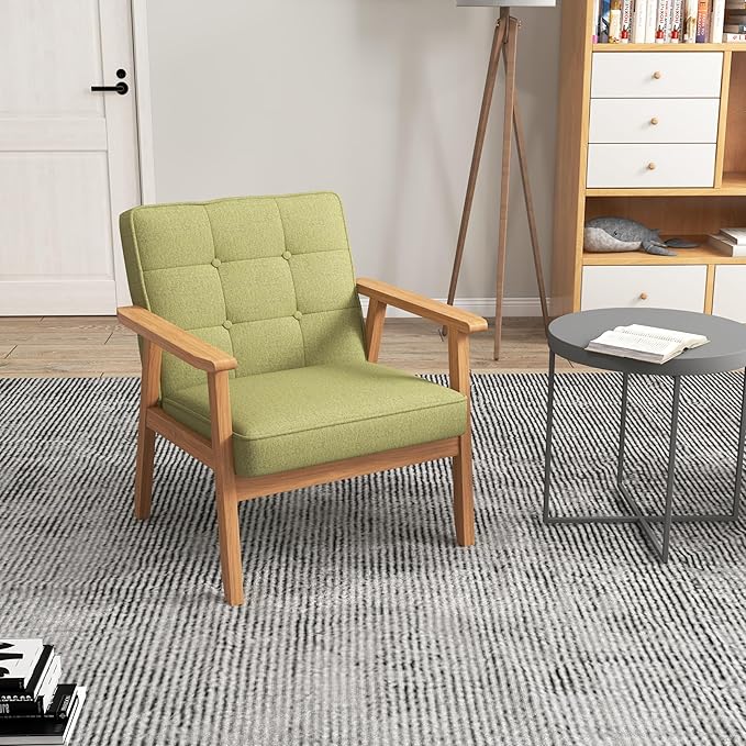 KCC Mid-Century Modern Linen Fabric Accent Chair Upholstered Tufted Leisure Chair Comfy Reading Side Chair with Armrest and Solid Wood Frame for Living Room Bedroom Balcony(Green)