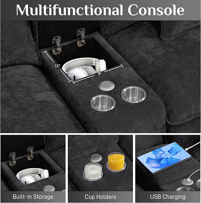 145 Oversized Modular Sectional Sofa U Shaped Cloud Couch 6 Seat Sofa Set for Living Room Comfy Chenille Deep Seat with Storage Central Console Movable Ottomans Cup Holders USB Ports Black Grey