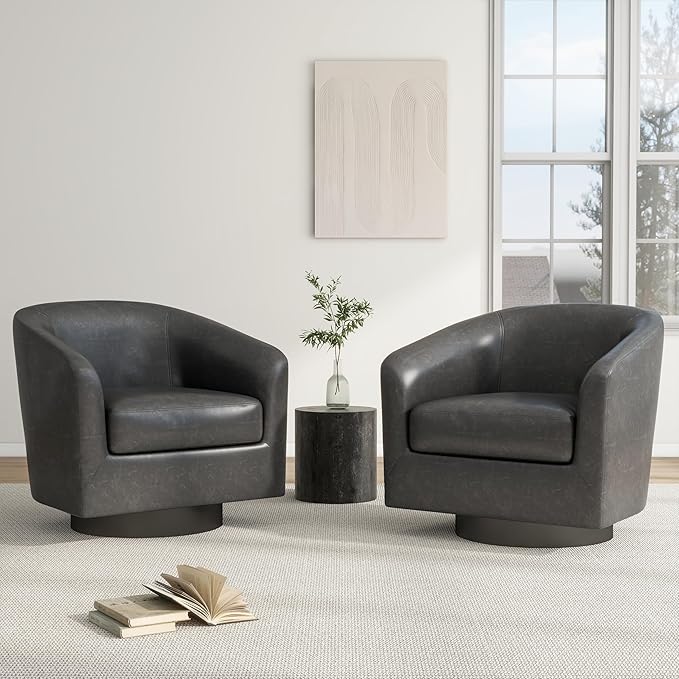 Swivel Barrel Chair Modern Round PU Leather Accent Armchair for Living Room Bedroom Oversized Comfy Club Reading Chairs for Adults (Leather Black Grey Set of 1)