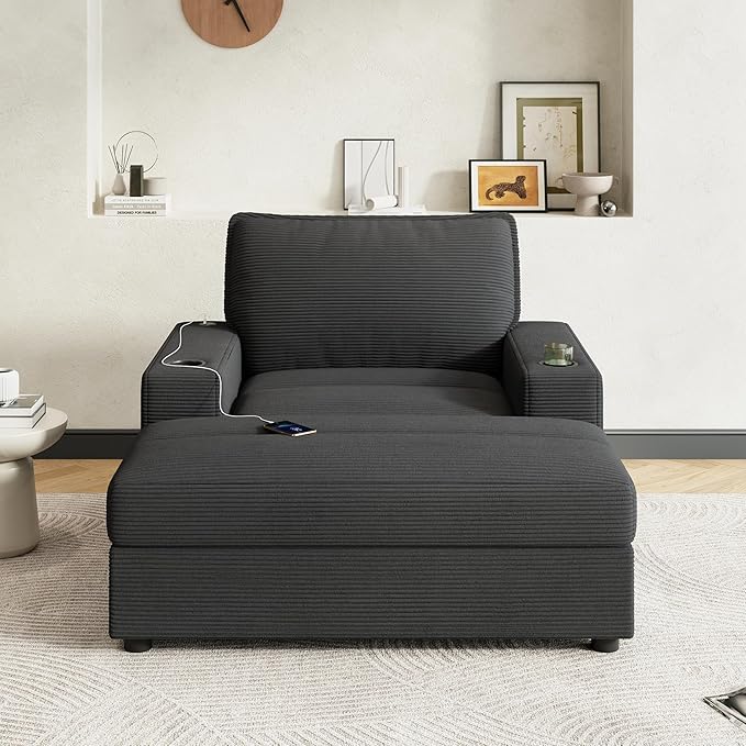 42.8 Oversized Chaise Lounge Chair with Storage Ottoman Corduroy Sofa Bed with Cup Holders &amp USB Charging Port Upholstered Sleeper Chair for Living Room BedroomGrey