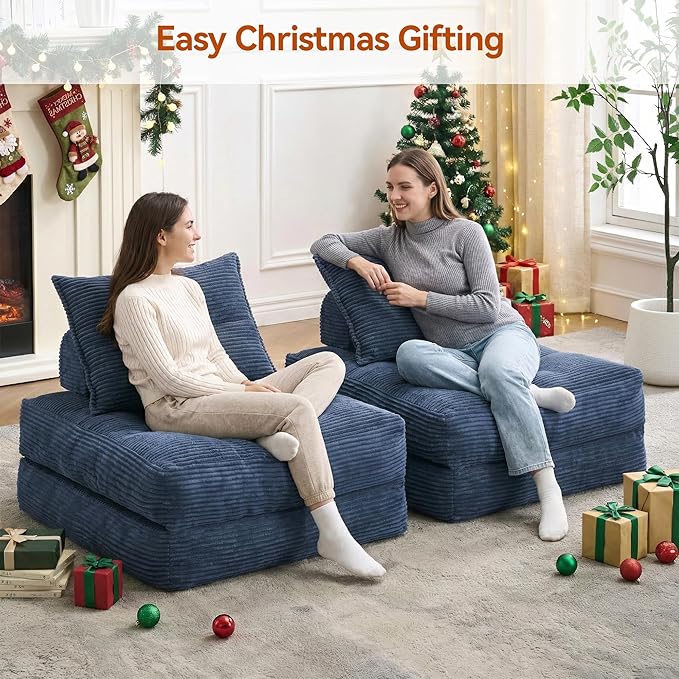 Folding Sofa Bed Fold Out Chair Bed with Pillow Convertible Sleeper Chair for Living Room/Small Spaces Foldable Lazy Sofa Bed Floor Chair Comfy Corduroy Couch Bed Navy Blue
