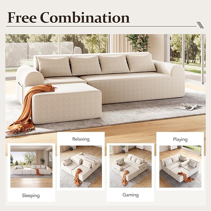 105.5” Cloud Boneless Sectional Sofa for Living Room L-Shaped 4-Seater Modular Couch with Ottoman &amp 4 Pillows Deep Seat Chenille Fabric Sofa No Assembly 72H Full Restore Beige