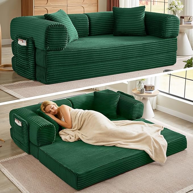 Boneless Couch Folding Couches for Living Room Sofa Futon Sofa Bed with Sleeper Sofa Futon Couch with Fixed-Shape Oversized Corduroy Upholstered (Green 81 Inches)