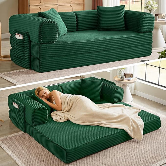 Boneless Couch Folding Couches for Living Room Sofa Futon Sofa Bed with Sleeper Sofa Futon Couch with Fixed-Shape Oversized Corduroy Upholstered (Green 81 Inches)